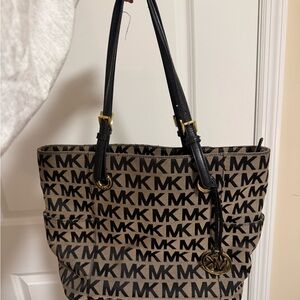 Michael Kors Beige and Black MK Logo Canvas Tote